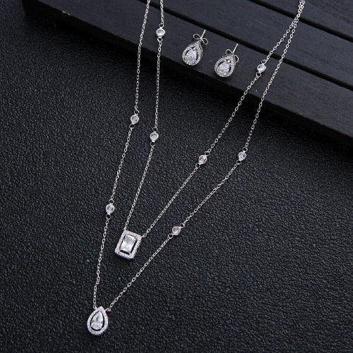 2pcs Necklace Earrings  Full Cubic Zirconia Bridal Jewelry Sets