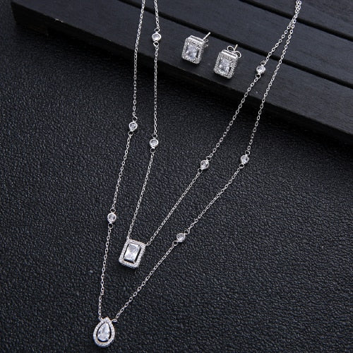 2pcs Necklace Earrings  Full Cubic Zirconia Bridal Jewelry Sets