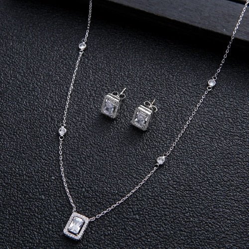 2pcs Necklace Earrings  Full Cubic Zirconia Bridal Jewelry Sets