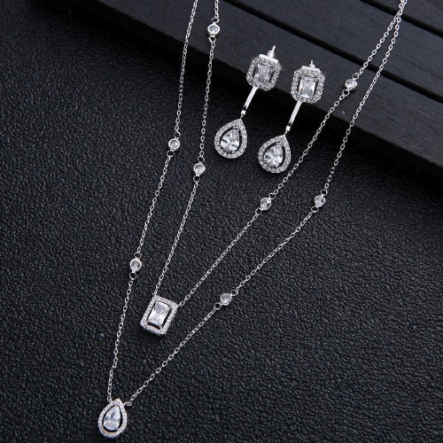 2pcs Necklace Earrings  Full Cubic Zirconia Bridal Jewelry Sets