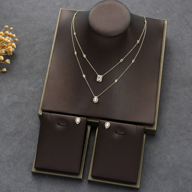 2pcs Necklace Earrings  Full Cubic Zirconia Bridal Jewelry Sets