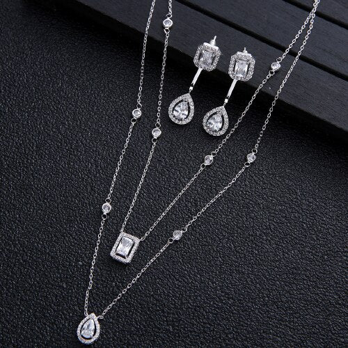 2pcs Necklace Earrings  Full Cubic Zirconia Bridal Jewelry Sets