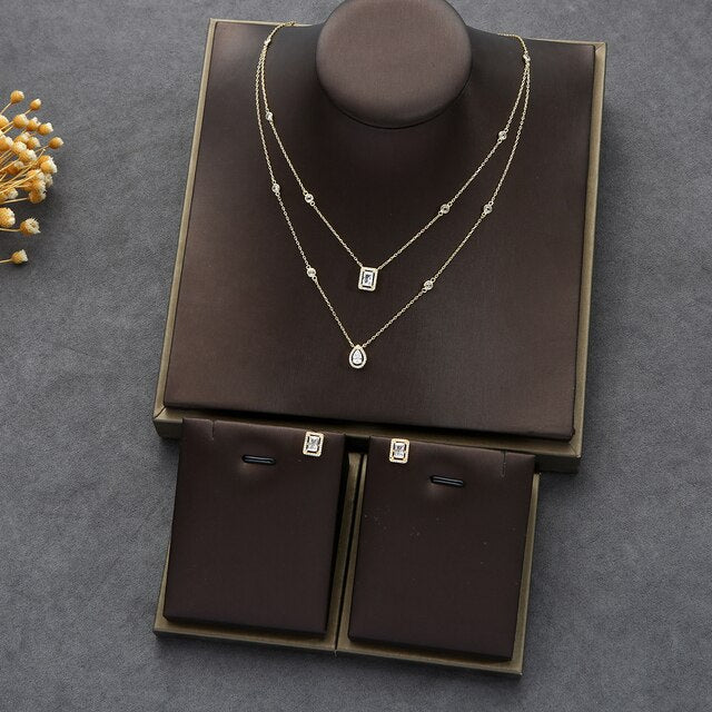 2pcs Necklace Earrings  Full Cubic Zirconia Bridal Jewelry Sets