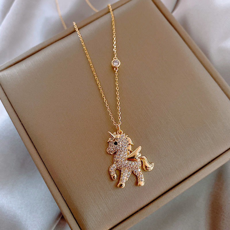 Korean Personality Simple Rhinestones Unicorn Pendant Necklace