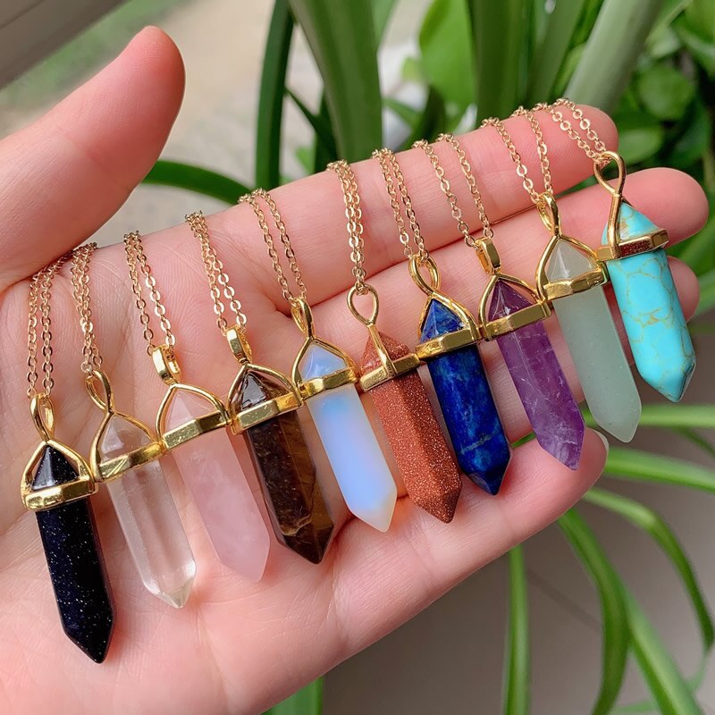 Hexagonal Bullet Amethysts Pink Purple Crystal Necklace