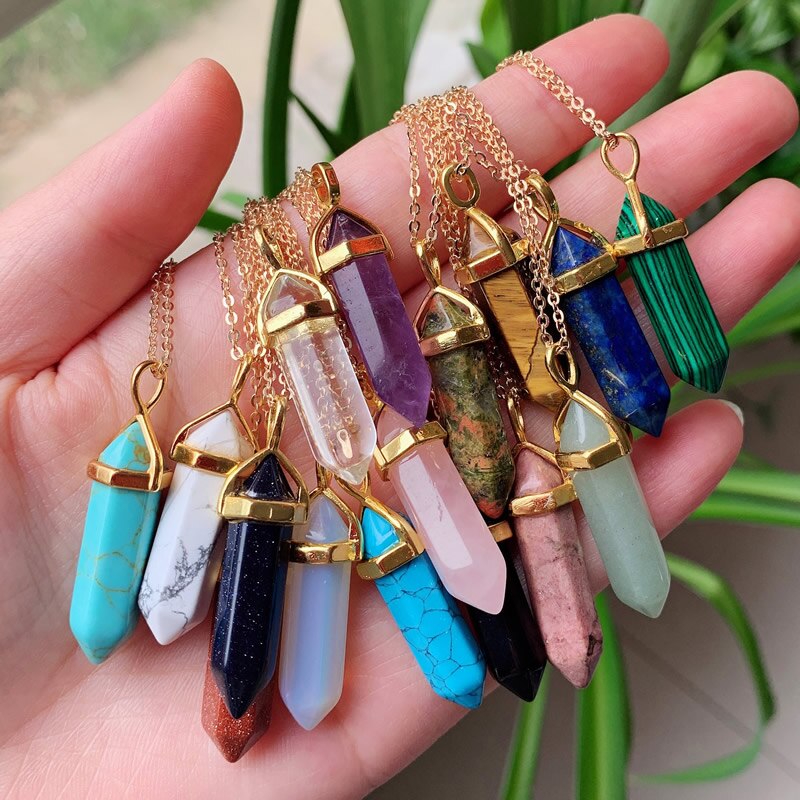 Hexagonal Bullet Amethysts Pink Purple Crystal Necklace