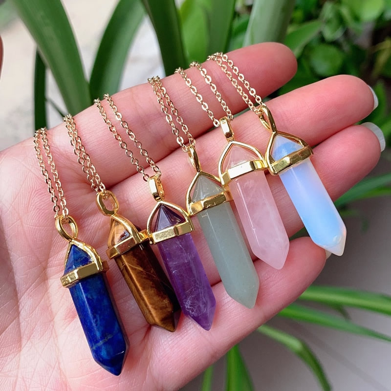 Hexagonal Bullet Amethysts Pink Purple Crystal Necklace