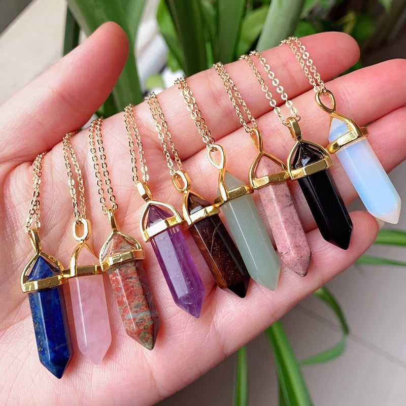 Hexagonal Bullet Amethysts Pink Purple Crystal Necklace