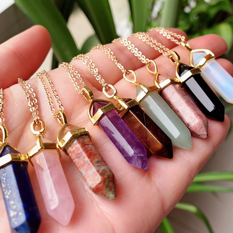 Hexagonal Bullet Amethysts Pink Purple Crystal Necklace