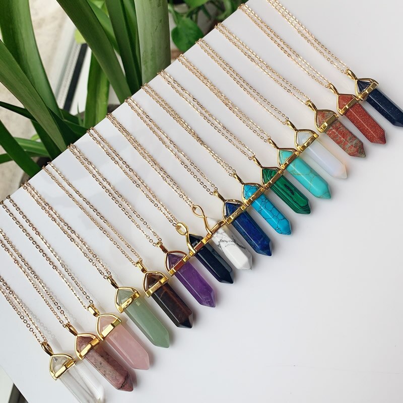 Hexagonal Bullet Amethysts Pink Purple Crystal Necklace