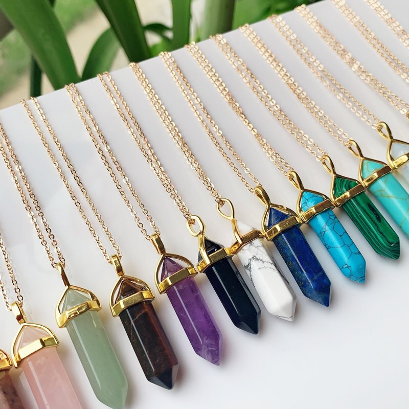 Hexagonal Bullet Amethysts Pink Purple Crystal Necklace