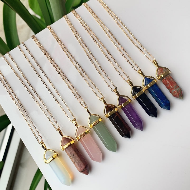 Hexagonal Bullet Amethysts Pink Purple Crystal Necklace