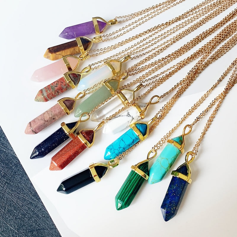 Hexagonal Bullet Amethysts Pink Purple Crystal Necklace