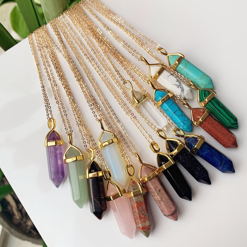 Hexagonal Bullet Amethysts Pink Purple Crystal Necklace