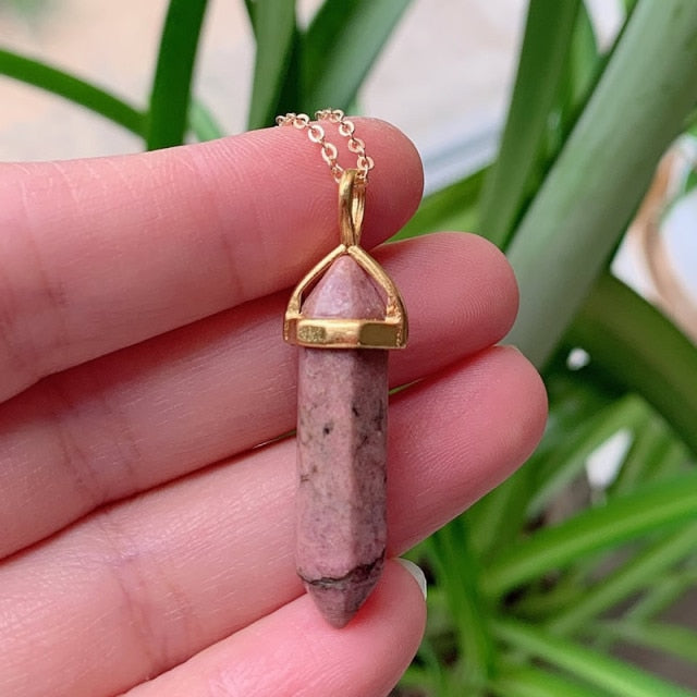 Hexagonal Bullet Amethysts Pink Purple Crystal Necklace