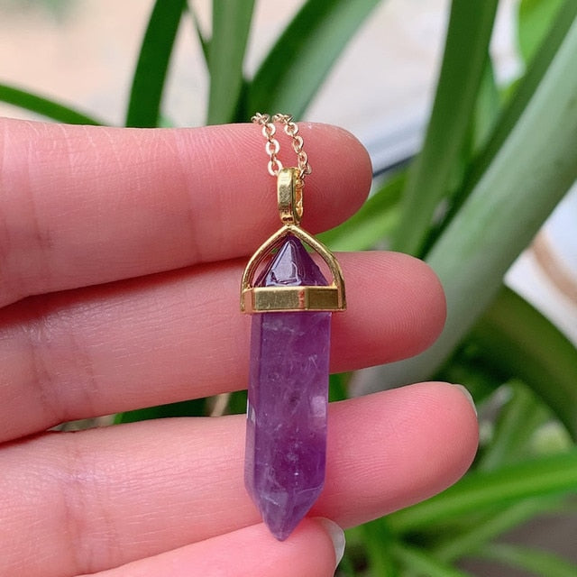 Hexagonal Bullet Amethysts Pink Purple Crystal Necklace
