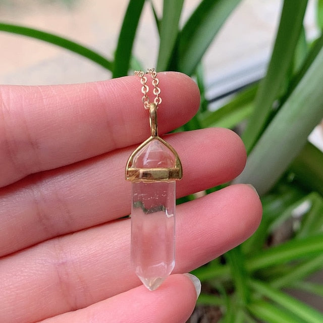 Hexagonal Bullet Amethysts Pink Purple Crystal Necklace