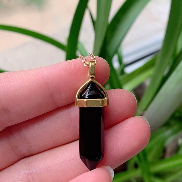 Hexagonal Bullet Amethysts Pink Purple Crystal Necklace