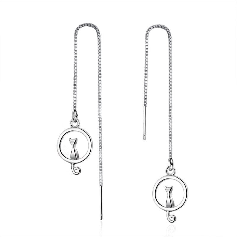 Silver Color Moon Cat Earrings Choker Long Chains Necklaces Jewelry Set