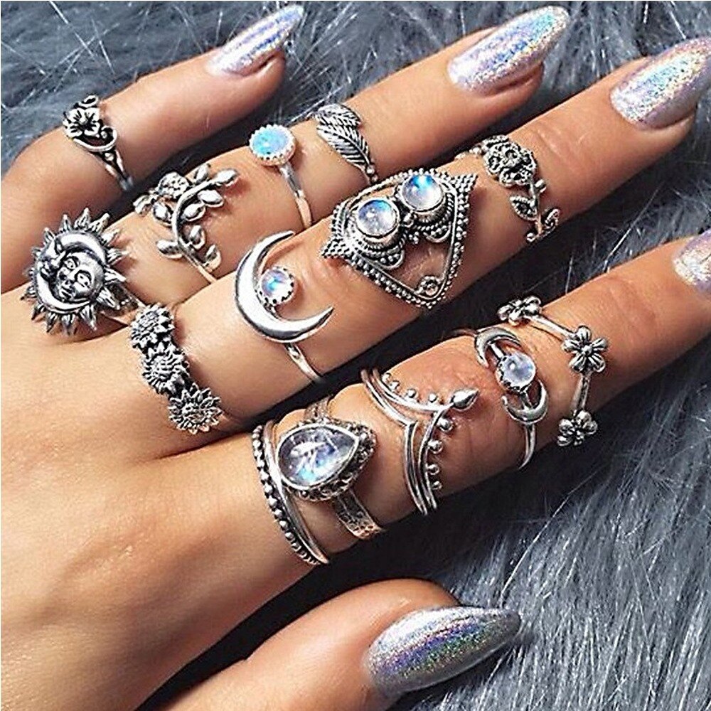 Bohemian Retro Water Drop Flower Sunflower Moon Sun Ring