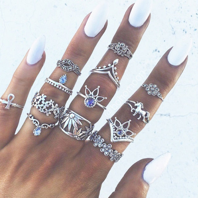 Bohemian Retro Water Drop Flower Sunflower Moon Sun Ring