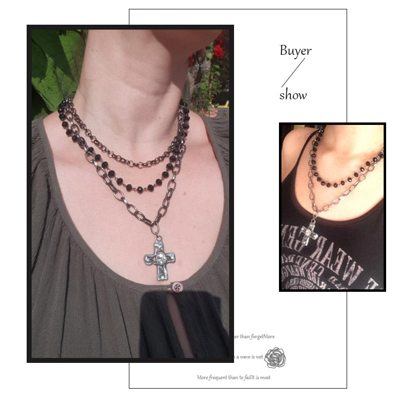 3 Layer Multiple Black Glass Crystal Rosary Cross Pendant Necklaces
