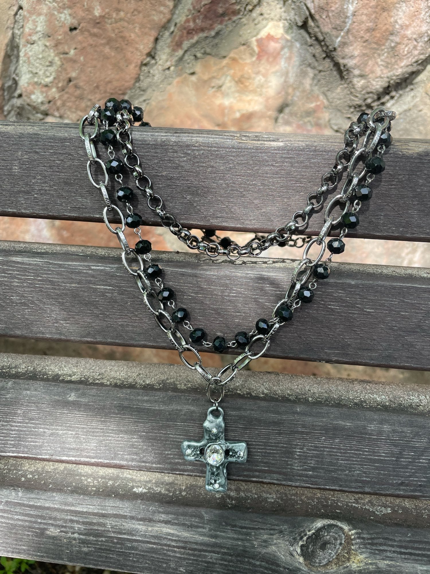 3 Layer Multiple Black Glass Crystal Rosary Cross Pendant Necklaces