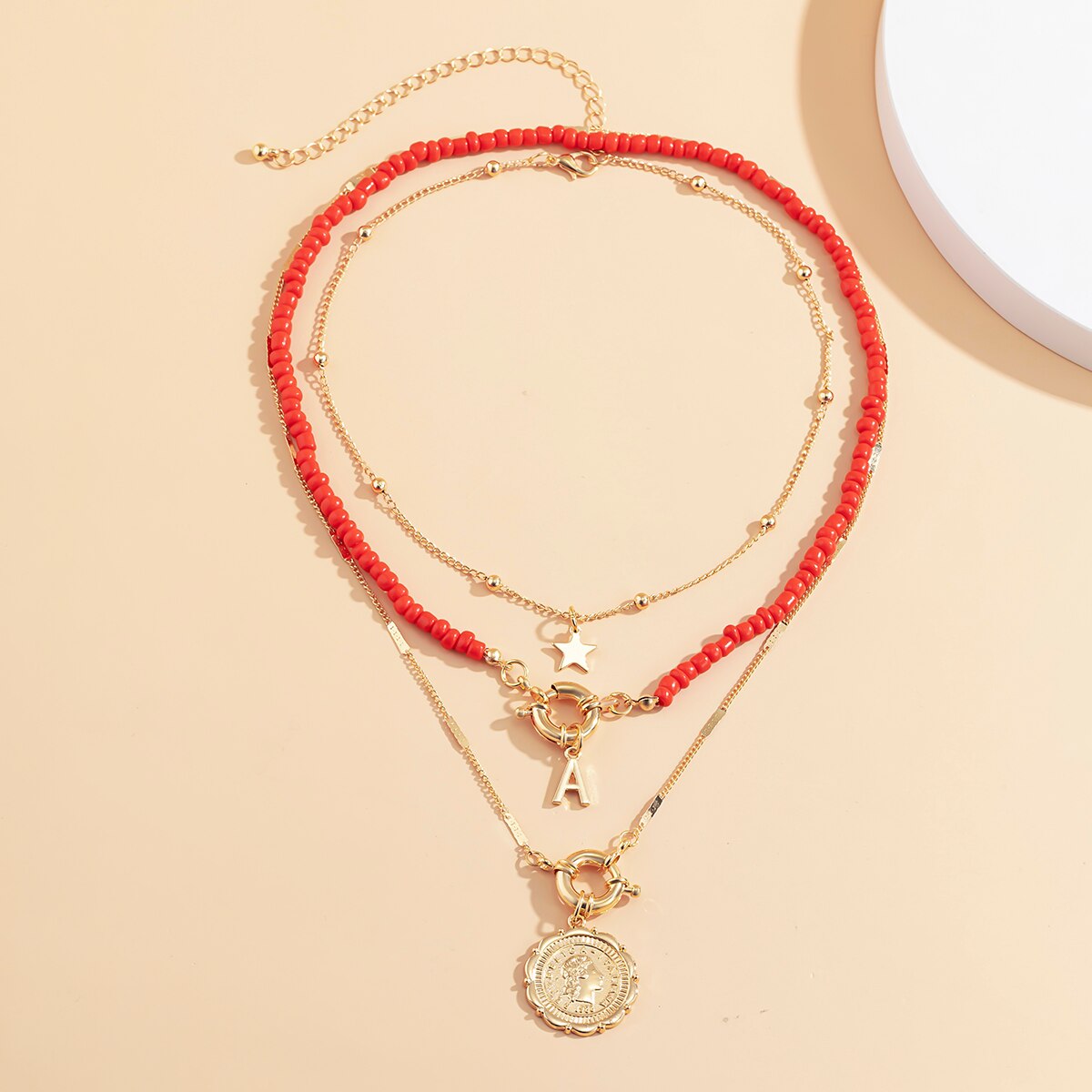 3Pcs/Set Red Color Seed Beaded Chain Choker Necklace
