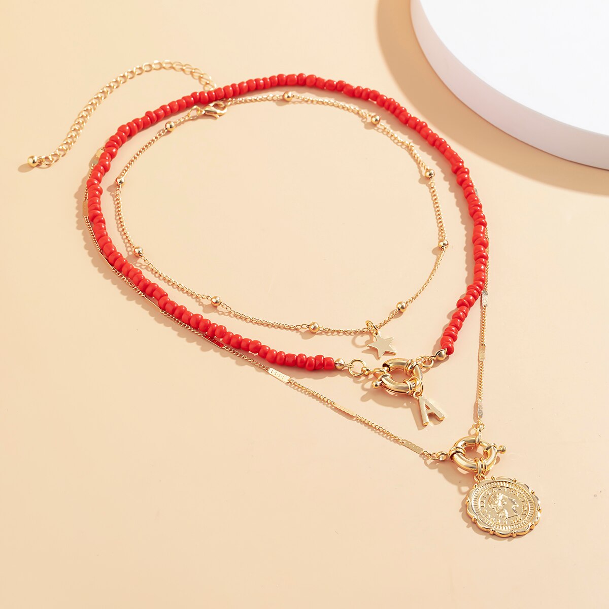3Pcs/Set Red Color Seed Beaded Chain Choker Necklace