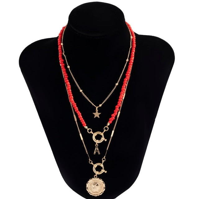 3Pcs/Set Red Color Seed Beaded Chain Choker Necklace
