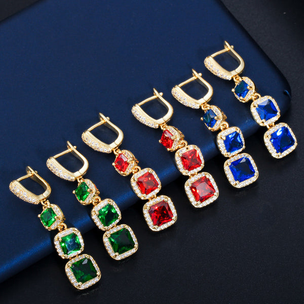 Classic 3 Big Square Long Dangle Indian Red Cubic Zirconia Stone Earring