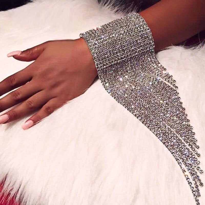 Fashion Long Tassel Rhinestone Bracelet Hand Jewelry for Women