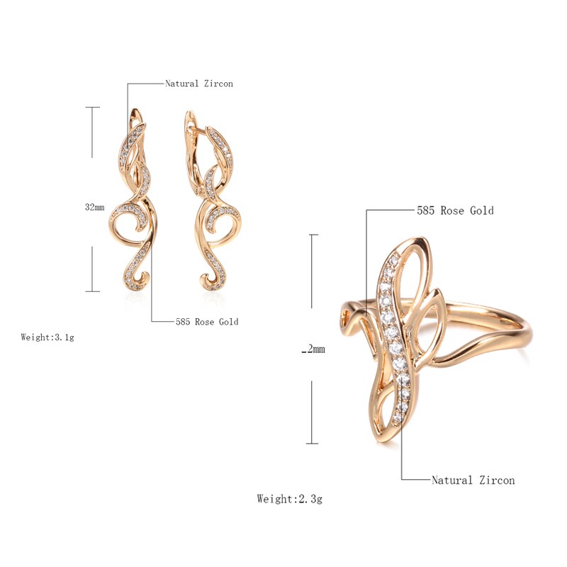 Natural Zircon 585 Rose Gold Tassel Earrings Ring Sets