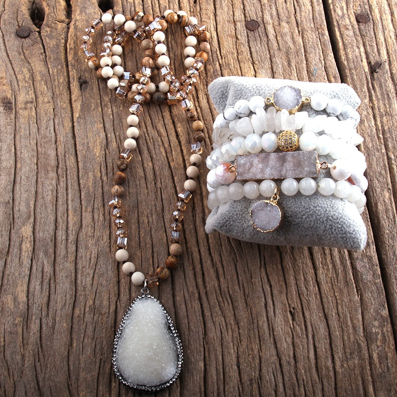 Semi Precious Stone Knotted Natural Stones  Pendant Necklace Bracelet set