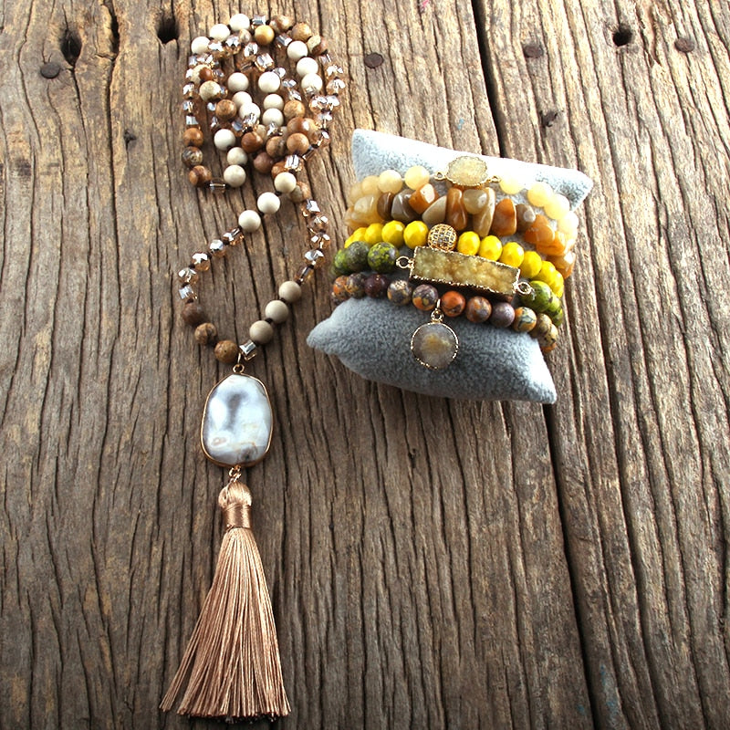 Semi Precious Stone Knotted Natural Stones  Pendant Necklace Bracelet set