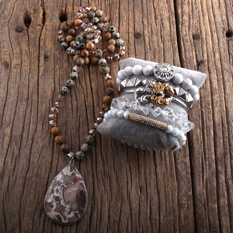 Semi Precious Stone Knotted Natural Stones  Pendant Necklace Bracelet set