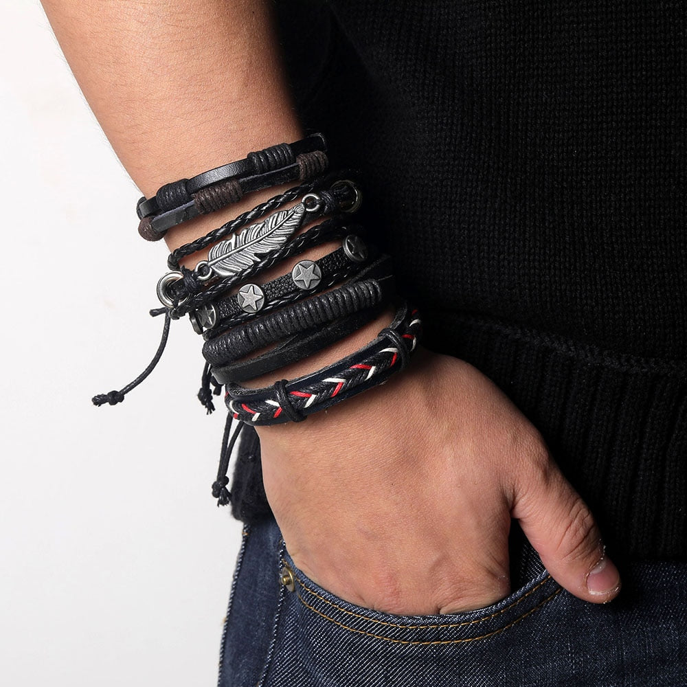 Fashion Hand-knitted Multi-layer Leather Feather Leaf Bracelet