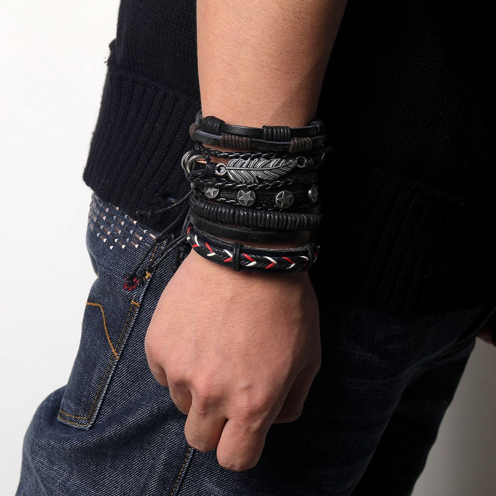 Fashion Hand-knitted Multi-layer Leather Feather Leaf Bracelet