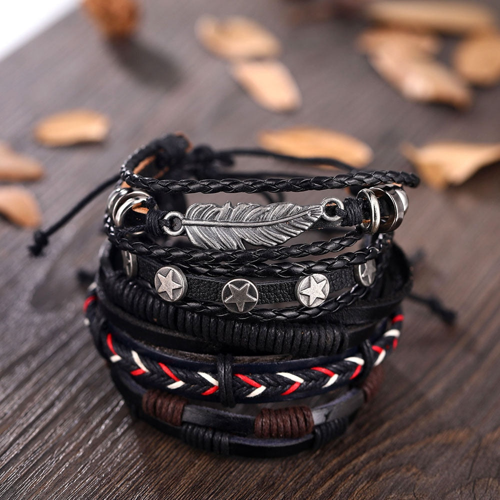 Fashion Hand-knitted Multi-layer Leather Feather Leaf Bracelet