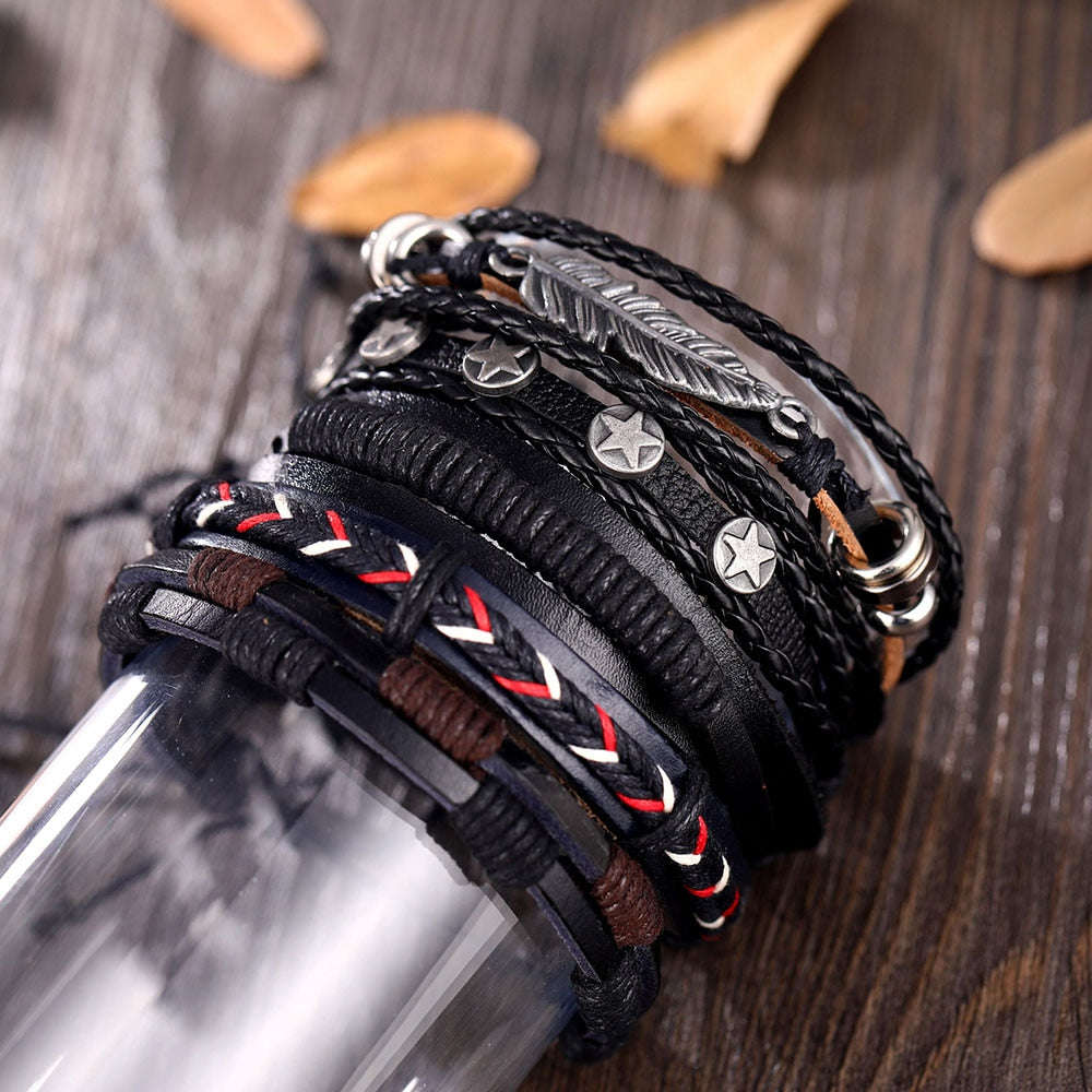 Fashion Hand-knitted Multi-layer Leather Feather Leaf Bracelet