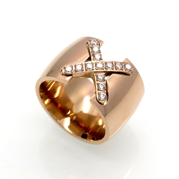 Gold Color Ring Bijoux 14mm Width Big Pave Setting CZ Cross X Ring For Women
