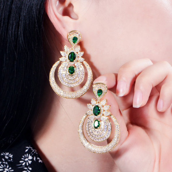 Shiny Green Emerald Cubic Zirconia Large Drop Long Bridal Wedding Dangle Earrings