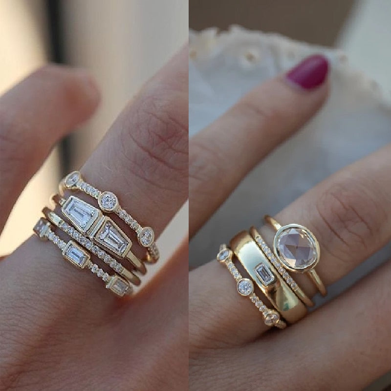 Geometric Gold Color Combination Round Zircon Crystal Rings Set