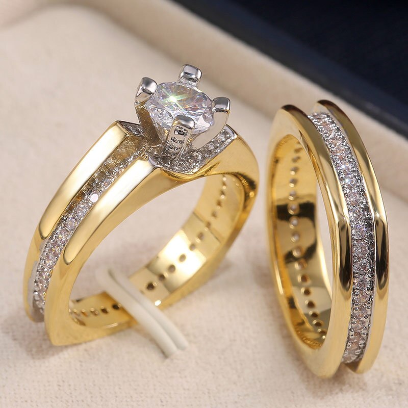 Wedding Ring Set for Women Round Zirconia Crystal 2Pcs Engagement Party Rings
