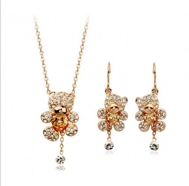 gold cute bear crystal jewelry sets