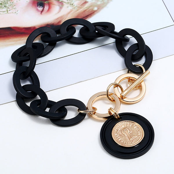 Pulsera de cadena de eslabones acrílicos blancos y negros para mujer