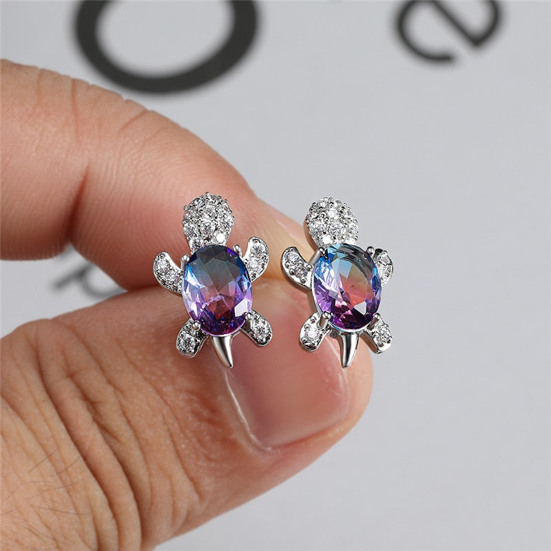 Blue Purple Oval Gradient Zircon Rainbow Stone Turtle Stud Earrings