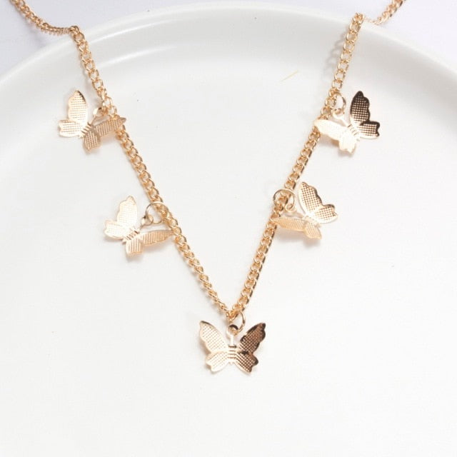 Alloy Double-Layer Clavicle Chain Butterfly Dangle Necklace