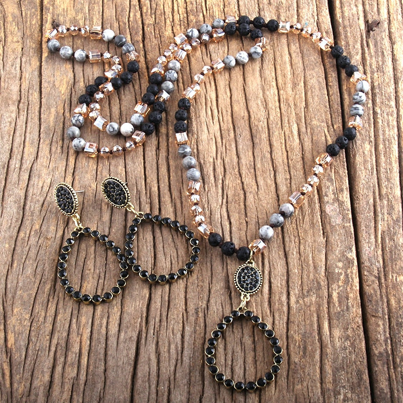 Natural Stone & Glass Long Knotted Drop Pendant Necklace Earring Set