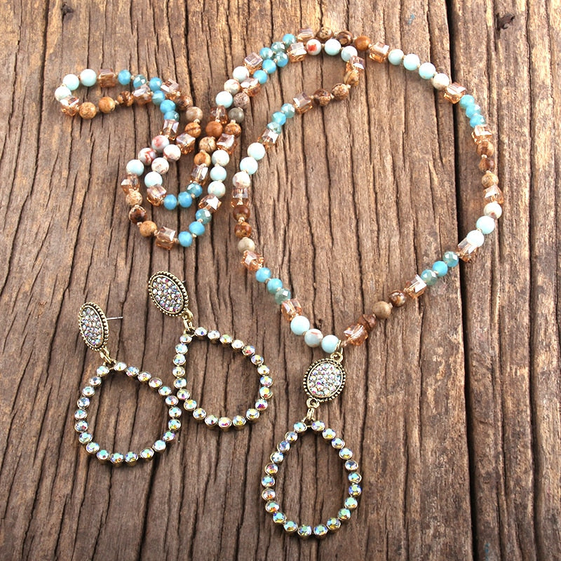 Natural Stone & Glass Long Knotted Drop Pendant Necklace Earring Set